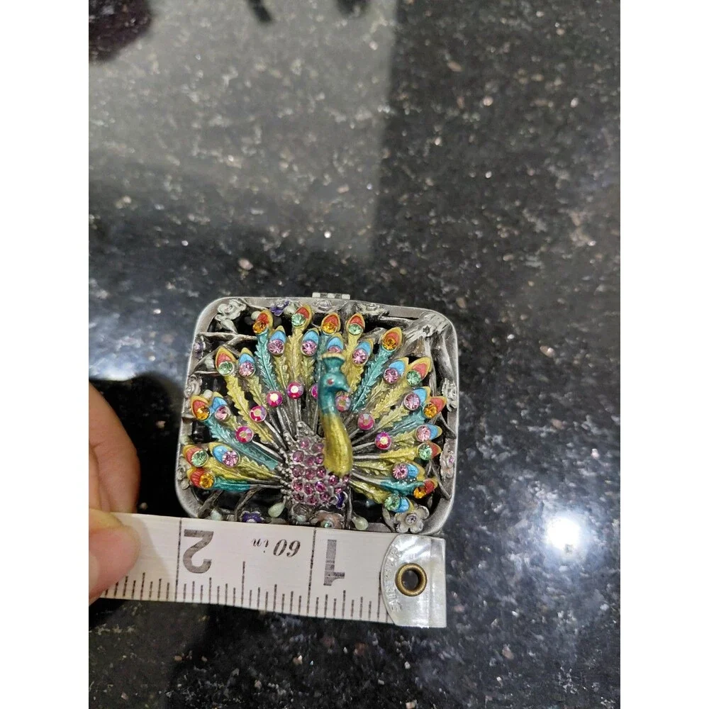 Vtg Enameled Peacock Colorful Rhinestones Trinket Ring Box Flowers